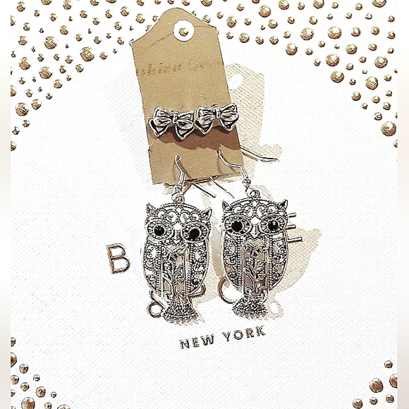 Cute Silver Owl Dangle Earrings & A Darling Pair Of Silver Ribbon Stud Earrings - Picture 2 of 8